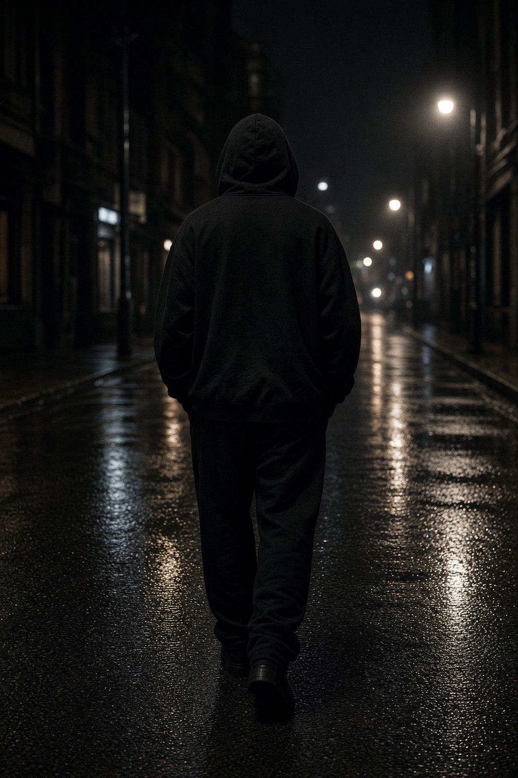 From behind, hood up